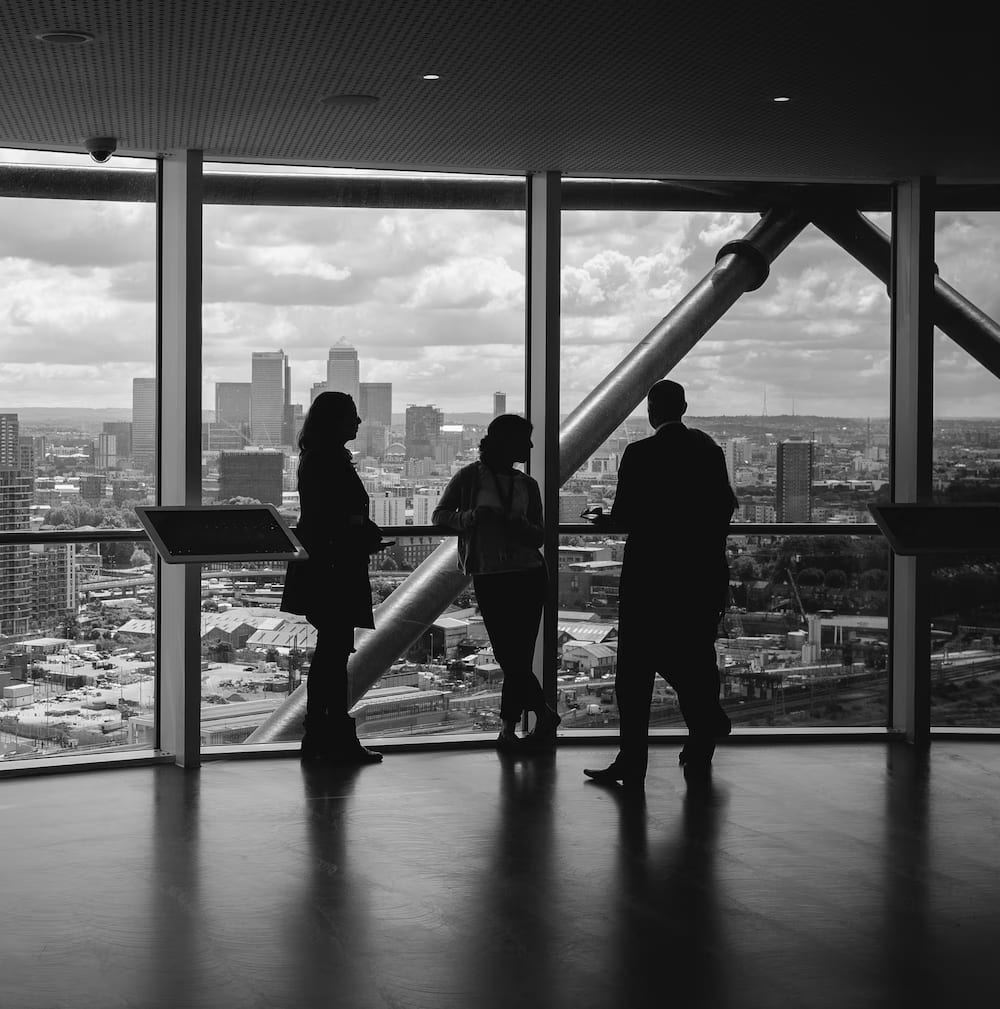 Executives in conversation before a city skyline